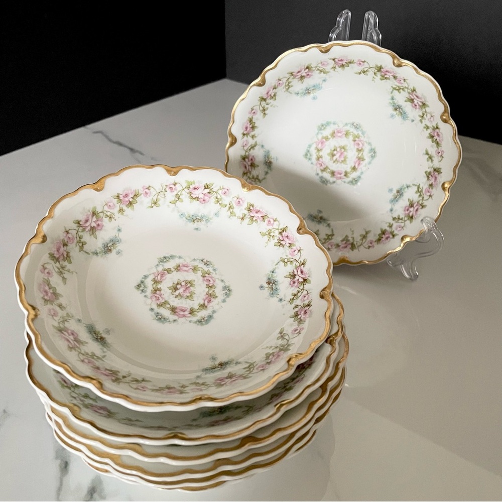 SET of 7 Pink Roses Berry Dessert Bowls - Theodore Haviland Limoges